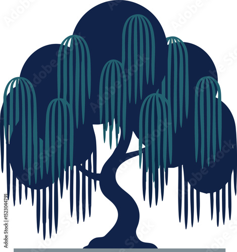 Stylized vector illustration of dark blue weeping willow tree with hanging branches and leaves 