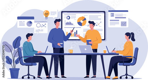 Business meeting with diverse team discussing data charts and laptop collaboration vector illustration 