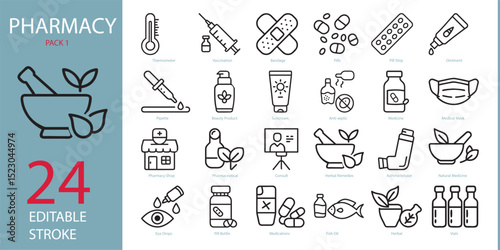 Pharmacy Vector Icon Set | Adjustable Line Weight | Thermometer, vaccination, pills, bandage, pipette, medicine, mask, inhaler, pill strip, vials outline icons