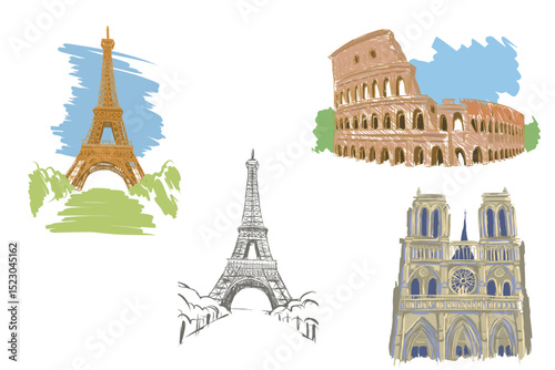 Hand-drawn landmarks of Europe including the Eiffel Tower, Colosseum, and Notre-Dame Cathedral. Travel sketch set of famous architectural icons from Paris and Rome