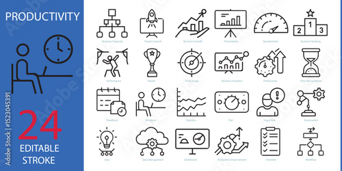Productivity Vector Icon Set | Adjustable Line Weight | work flow, checklist, dashboard, idea, automation, dial, statistics, worktime, deadlines, award, time management, productivity outline icon