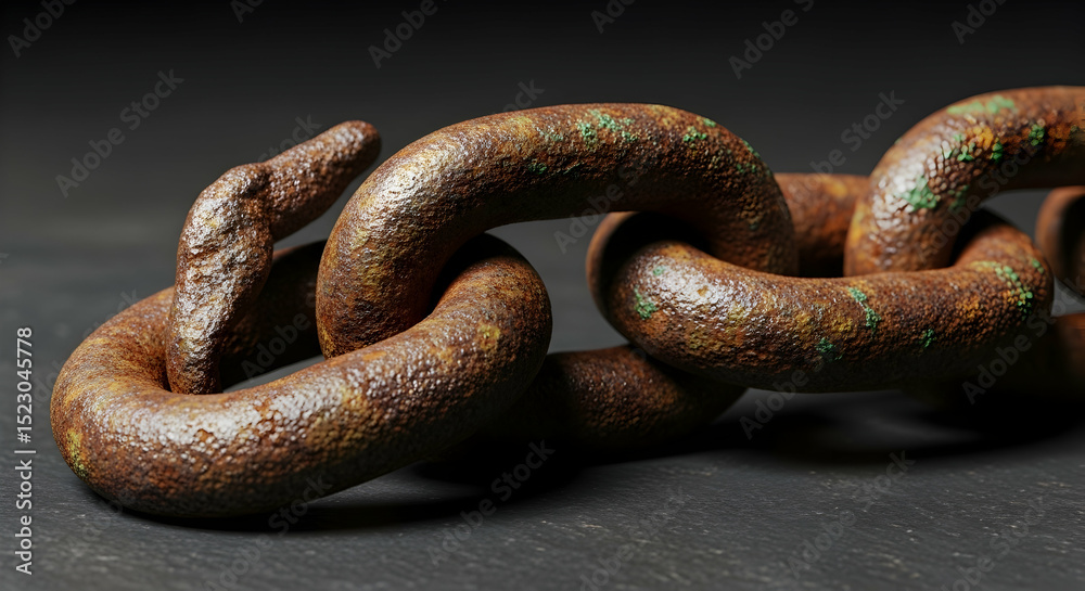 Fototapeta premium Close Up Of An Old Weathered Rusty Metal Chain Against Dark Backdrop
