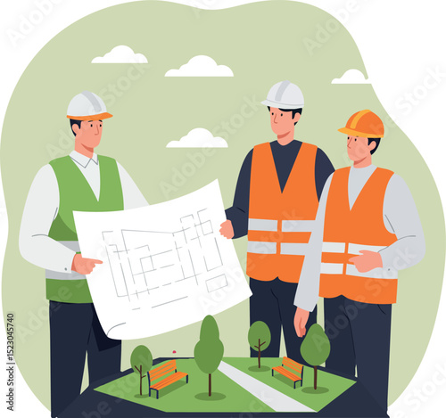 Construction workers examining blueprint plan for urban park development vector illustration 