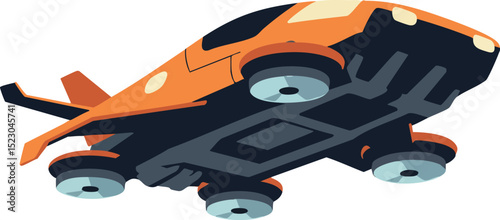 Futuristic orange drone aircraft flying with four rotors in modern technology concept vector illustration 