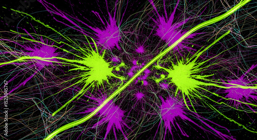 Abstract Visualization Of Exploding Particles On Black Backdrop With Neon Splatters