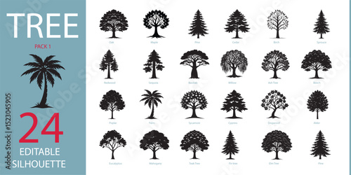 Tree silhouette Vector Icon Set | Adjustable Line Weight | oak, maple, pine, cedar, birch, sprouce, redwood, baobab, willow, ash, poplar, palm, cypress . different types of tree silhouette.
