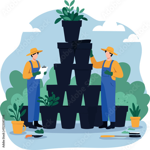 Gardeners arranging black plant pots outdoors in blue and yellow clothing vector illustration 