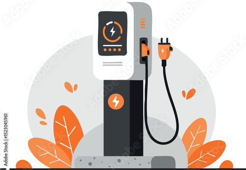Electric vehicle charging station with orange leaves environment illustration vector 