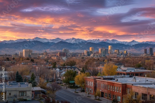 Breathtaking sunrise illuminates the Denver skyline, showcasing the majestic Rocky Mountains
