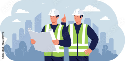 Construction engineers discussing building blueprint in urban cityscape vector illustration 