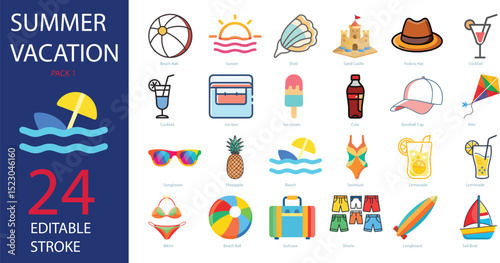 Summer Vacation Vector Icon Set | Adjustable Line Weight | slippers, starfish, surf board, terrace, hammock, sundress, flip-flops, luggage, surfvan, jellyfish, tent, bikini outline icon