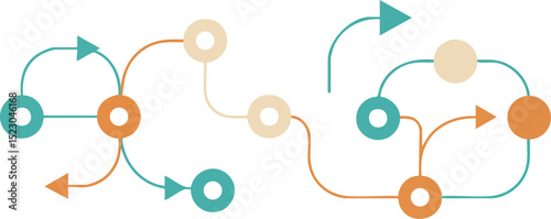 Abstract flowchart with connected arrows and circles in blue and orange vector design 