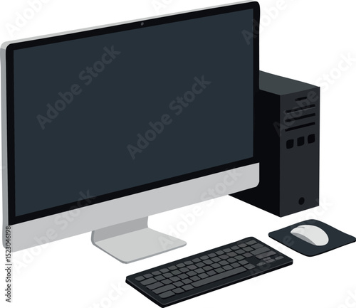 Desktop Computer Setup with Monitor Keyboard Mouse and CPU Tower Vector Illustration 