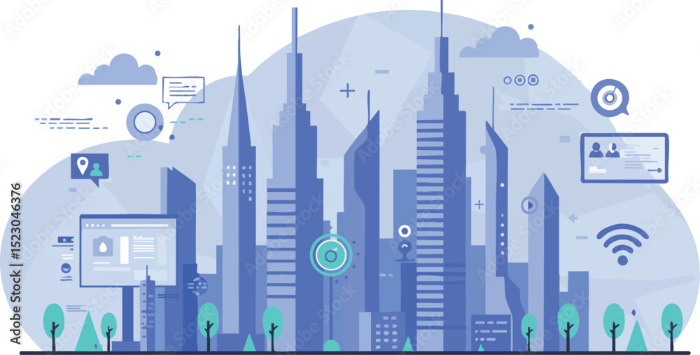 Obraz premium Modern city skyline with smart technology icons in blue tones vector illustration 