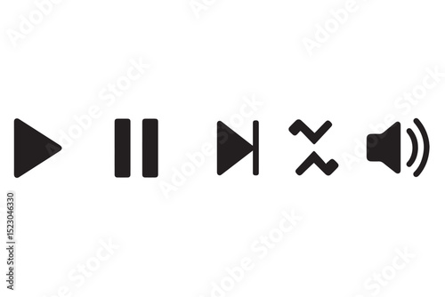 music control symbols, play, pause, skip, shuffle, sound icon set