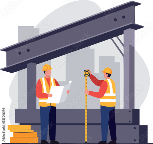 Construction engineers measuring steel beam at building site vector illustration in safety gear 