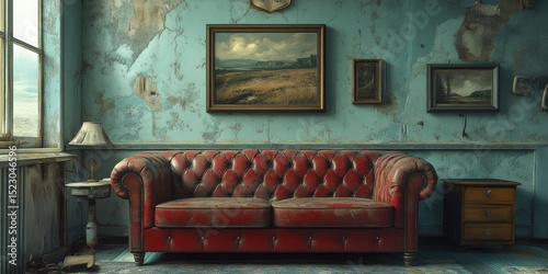 Vintage Red Leather Sofa in a Distressed Room with Paintings on Turquoise Walls