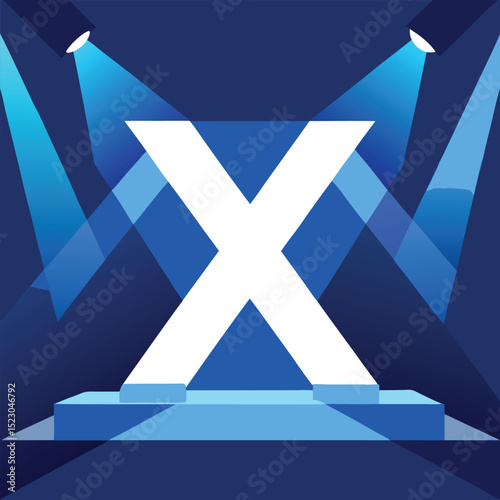 Illuminated white x symbol on a blue stage with spotlight design for presentation