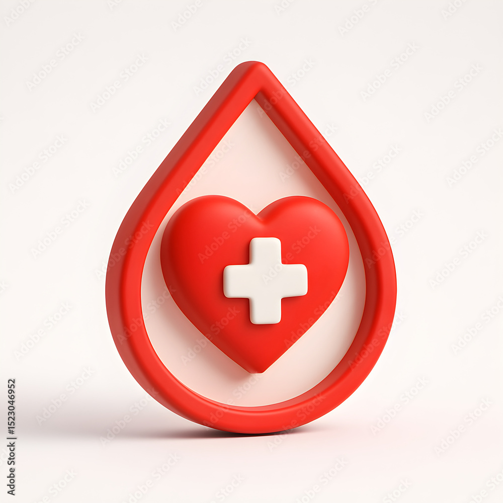 Obraz premium 3D Render of Blood Droplet Frame with Heart and Medical Cross – Modern Symbol for World Blood Donor Day.