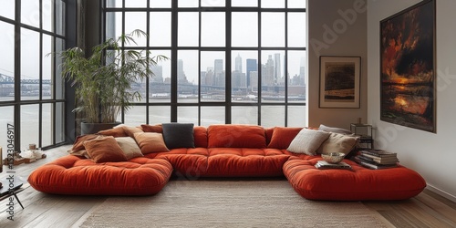 Living Space with Orange Modular Sofa and Skyline View through Large Windows