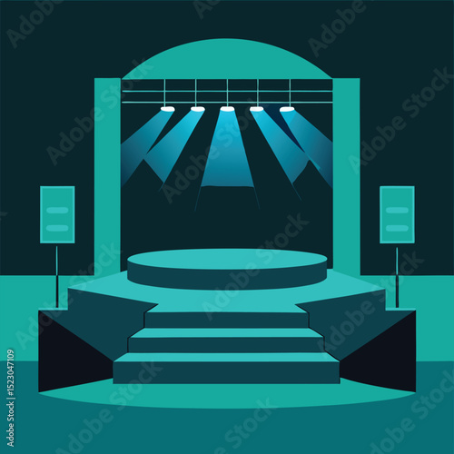 Illustrated empty stage with spotlights and speakers ready for a performance or presentation
