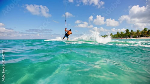 Action shot of a young man riding a kitesurfing board on turquoise ocean water, captured mid-ride with a dynamic low-angle view close to the waterline.