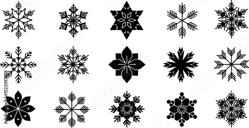 Black and white snowflake winter symbols vector set in symmetrical design 