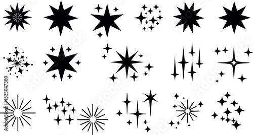 Black Sparkle and Starburst Vector Icons Set for Graphic Design and Decoration 