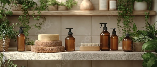 Bathroom with elements of ecological oils. Illustration on the theme of ecology, cleanliness and flora.