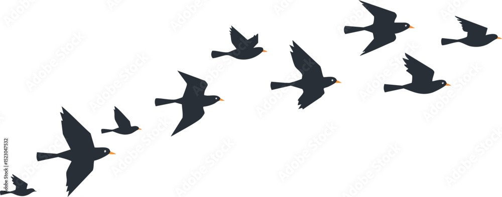 Fototapeta premium Flying birds silhouette in formation vector illustration with black color on white background 
