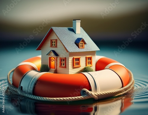 tiny house figurine inside a lifebuoy symbolizing home insurance and emergency protection