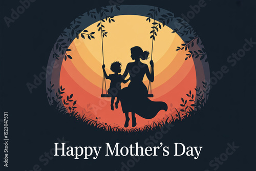 Silhouette of Mother and Child on a Swing at Sunset Happy Mothers Day