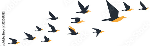 Flying birds in formation vector illustration with black and orange colors in white background 