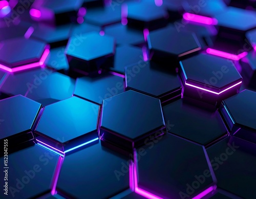 Abstract hexagonal pattern with vibrant neon light