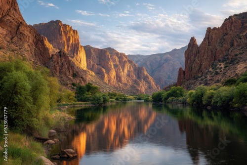 Serene landscape photography featuring towering cliffs, rugged mountains, and stunning natural colors