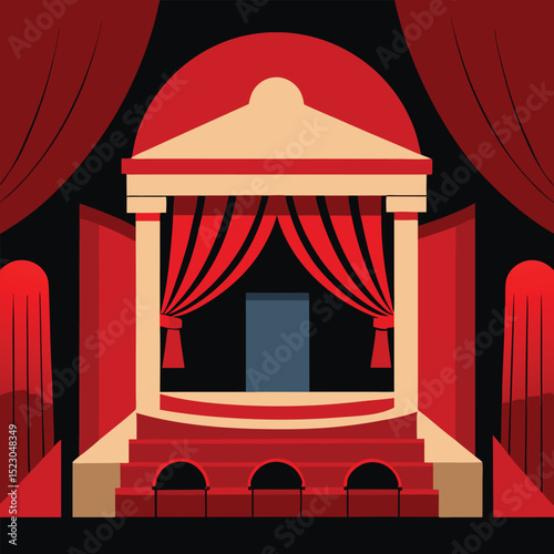 Illustrative vector design of a theatrical stage featuring red curtains and elegant architecture