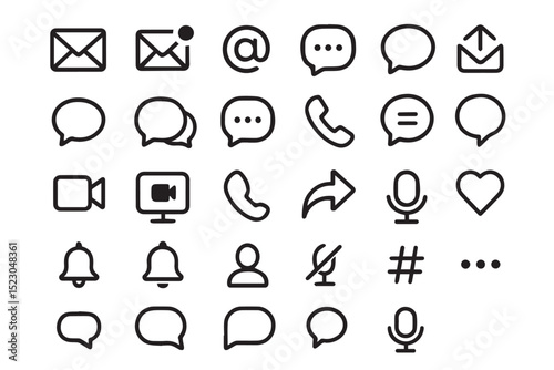 Modern communication icons, including messages, calls, video, social media, and notifications icon set