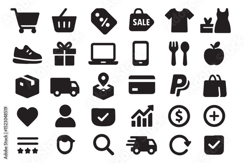 E commerce icons for shopping, payment, delivery, products, and services, perfect for online business icon set
