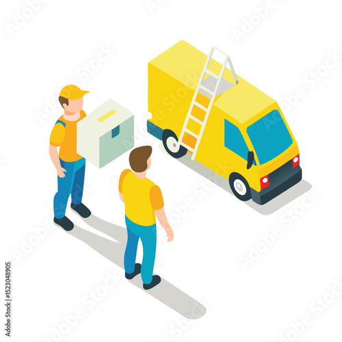 Isometric illustration of delivery men with box and yellow delivery truck ready for shipping