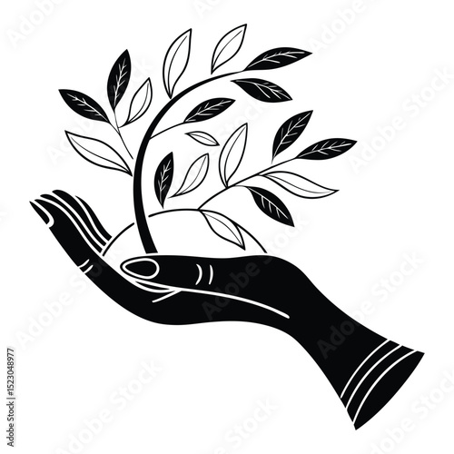 Hand holding a sprouting plant, black and white illustration