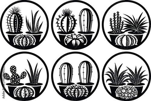 A grid of black silhouette illustrations featuring various types of cacti. The designs include tall, narrow cacti, rounded ones,