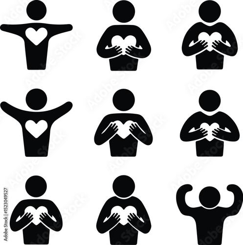 Person Holding Heart Silhouette – Love and Care Icon Set Human Heart Gesture Silhouette – Kindness and Emotion Vector Design