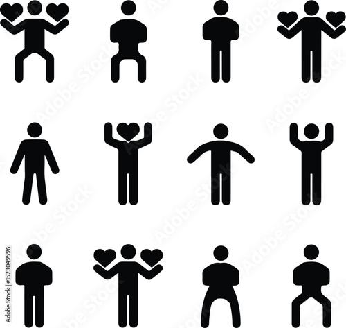 Person Holding Heart Silhouette – Love and Care Icon Set Human Heart Gesture Silhouette – Kindness and Emotion Vector Design