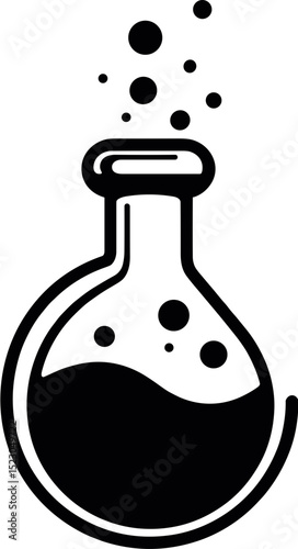 Chemical flask with bubbles and liquid in black silhouette style  