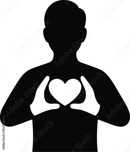 Person Holding Heart Silhouette – Love and Care Icon Set Human Heart Gesture Silhouette – Kindness and Emotion Vector Design