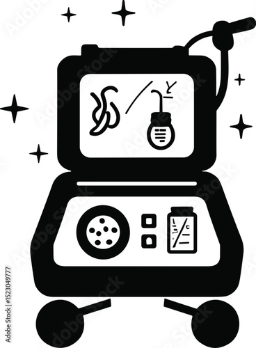Ultrasound machine illustration with scientific symbols and icons  