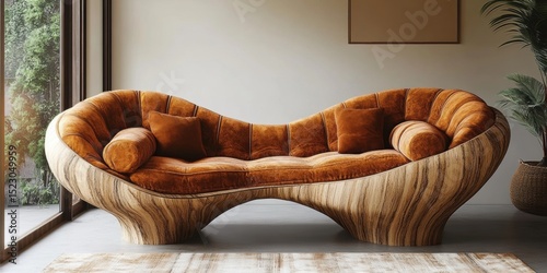 Sculptural Sofa with Rounded Cushions and Distinctive Wood Grain Base in Room