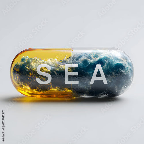 Sea in a Pill A Conceptual Image of Ocean in a Capsule. Vector