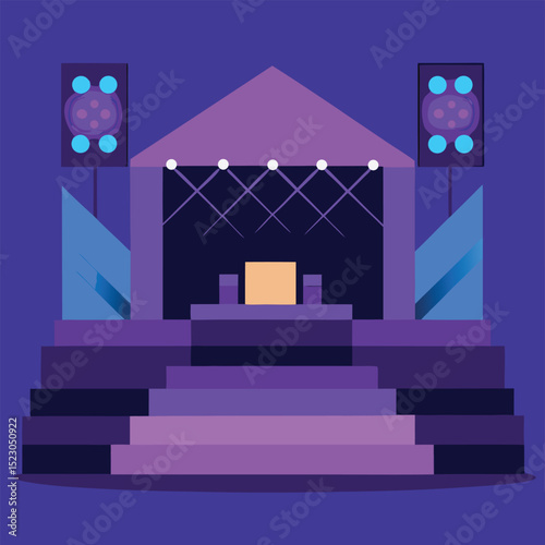 Stylized illustration of a concert stage with lights speakers and geometric design elements