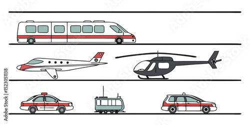 Realistic Vector Set of Police Cars, Buses, Helicopter, and Airplane – Modern Urban and Aerial Transport on White Background